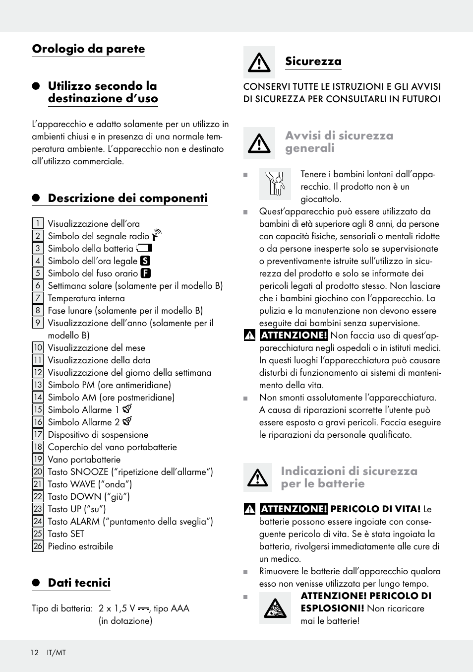Descrizione dei componenti, Dati tecnici, Sicurezza | Avvisi di sicurezza generali, Indicazioni di sicurezza per le batterie | Auriol Z30237B_C User Manual | Page 12 / 35