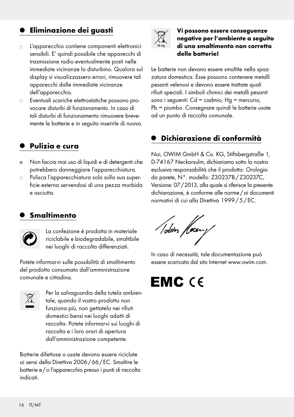 Eliminazione dei guasti, Pulizia e cura, Smaltimento | Dichiarazione di conformità | Auriol Z30237B_C User Manual | Page 16 / 35