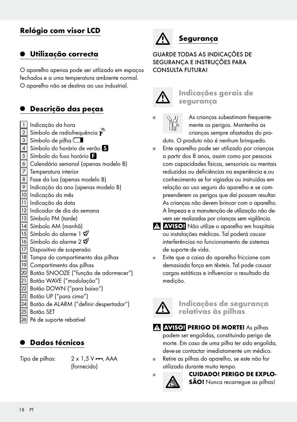 Relógio com visor lcd utilização correcta, Descrição das peças, Dados técnicos | Segurança, Indicações gerais de segurança, Indicações de segurança relativas às pilhas | Auriol Z30237B_C User Manual | Page 18 / 35