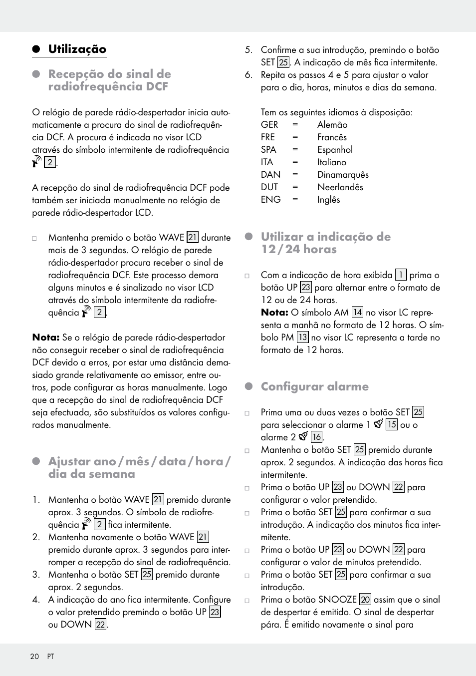 Ajustar ano / mês / data / hora / dia da semana, Utilizar a indicação de 12 / 24 horas, Configurar alarme | Auriol Z30237B_C User Manual | Page 20 / 35