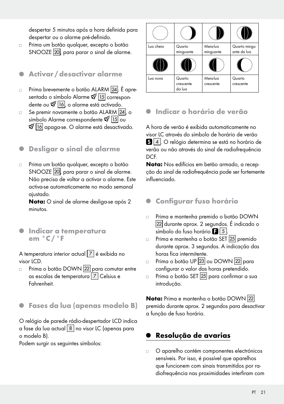 Activar / desactivar alarme, Desligar o sinal de alarme, Indicar a temperatura em °c / °f | Fases da lua (apenas modelo b), Indicar o horário de verão, Configurar fuso horário, Resolução de avarias | Auriol Z30237B_C User Manual | Page 21 / 35