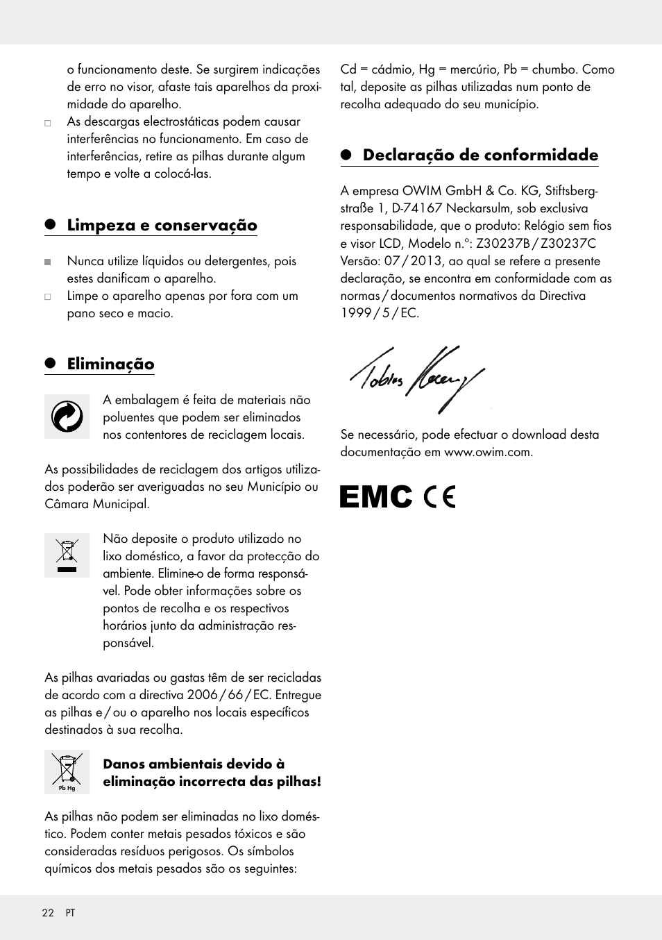 Limpeza e conservação, Eliminação, Declaração de conformidade | Auriol Z30237B_C User Manual | Page 22 / 35