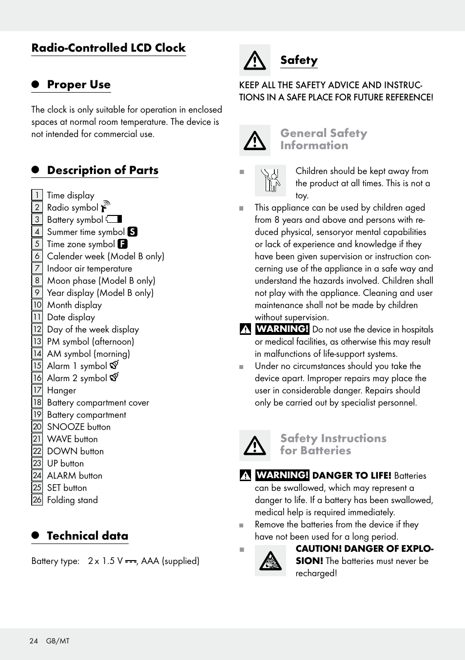 Radio-controlled lcd clock, Proper use, Description of parts | Technical data, Safety, General safety information, Safety instructions for batteries | Auriol Z30237B_C User Manual | Page 24 / 35