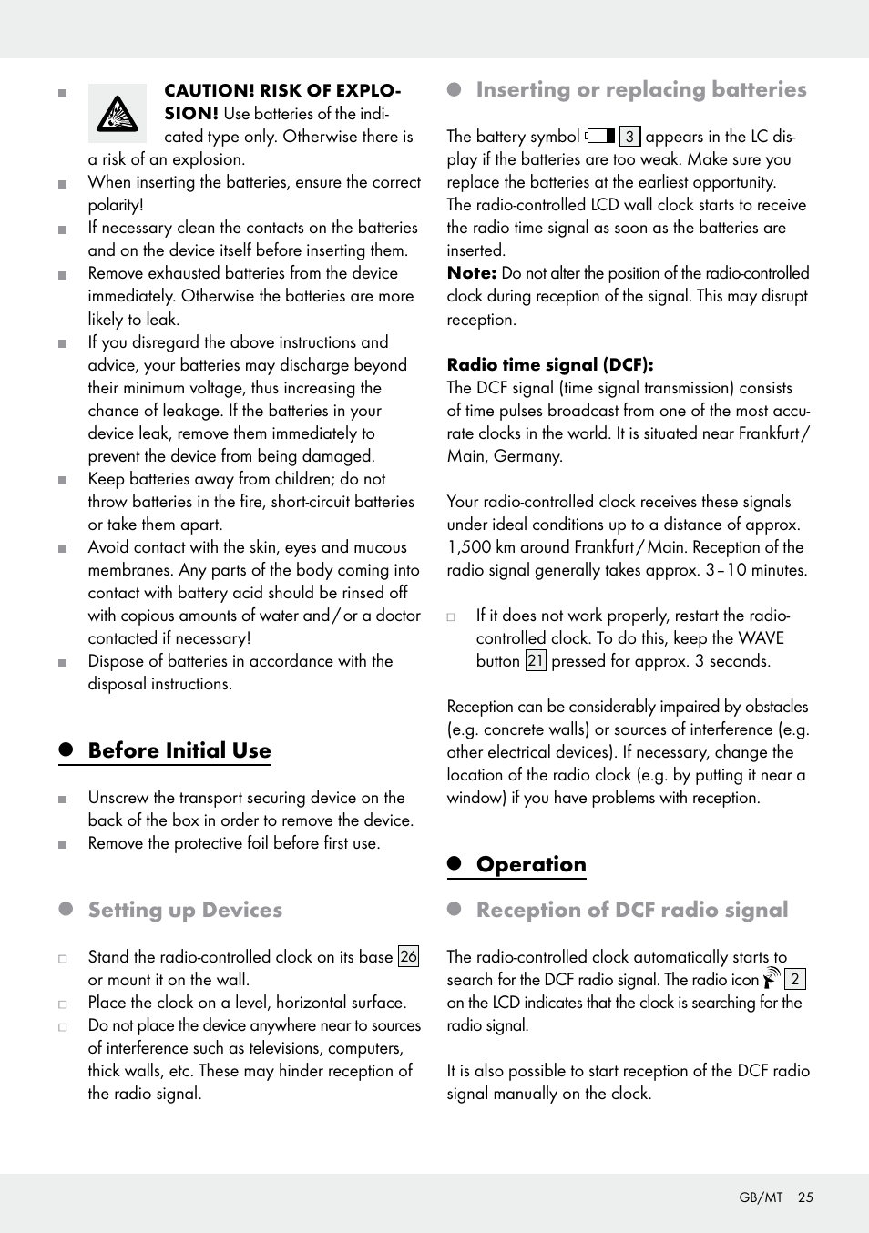 Before initial use, Setting up devices, Inserting or replacing batteries | Operation, Reception of dcf radio signal | Auriol Z30237B_C User Manual | Page 25 / 35