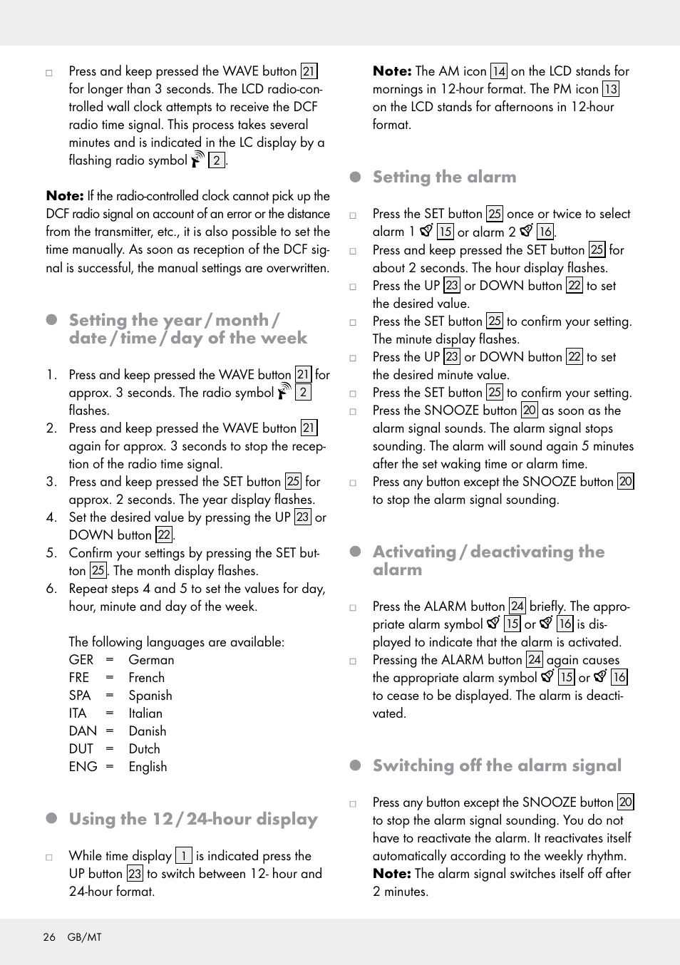 Using the 12 / 24-hour display, Setting the alarm, Activating / deactivating the alarm | Switching off the alarm signal | Auriol Z30237B_C User Manual | Page 26 / 35