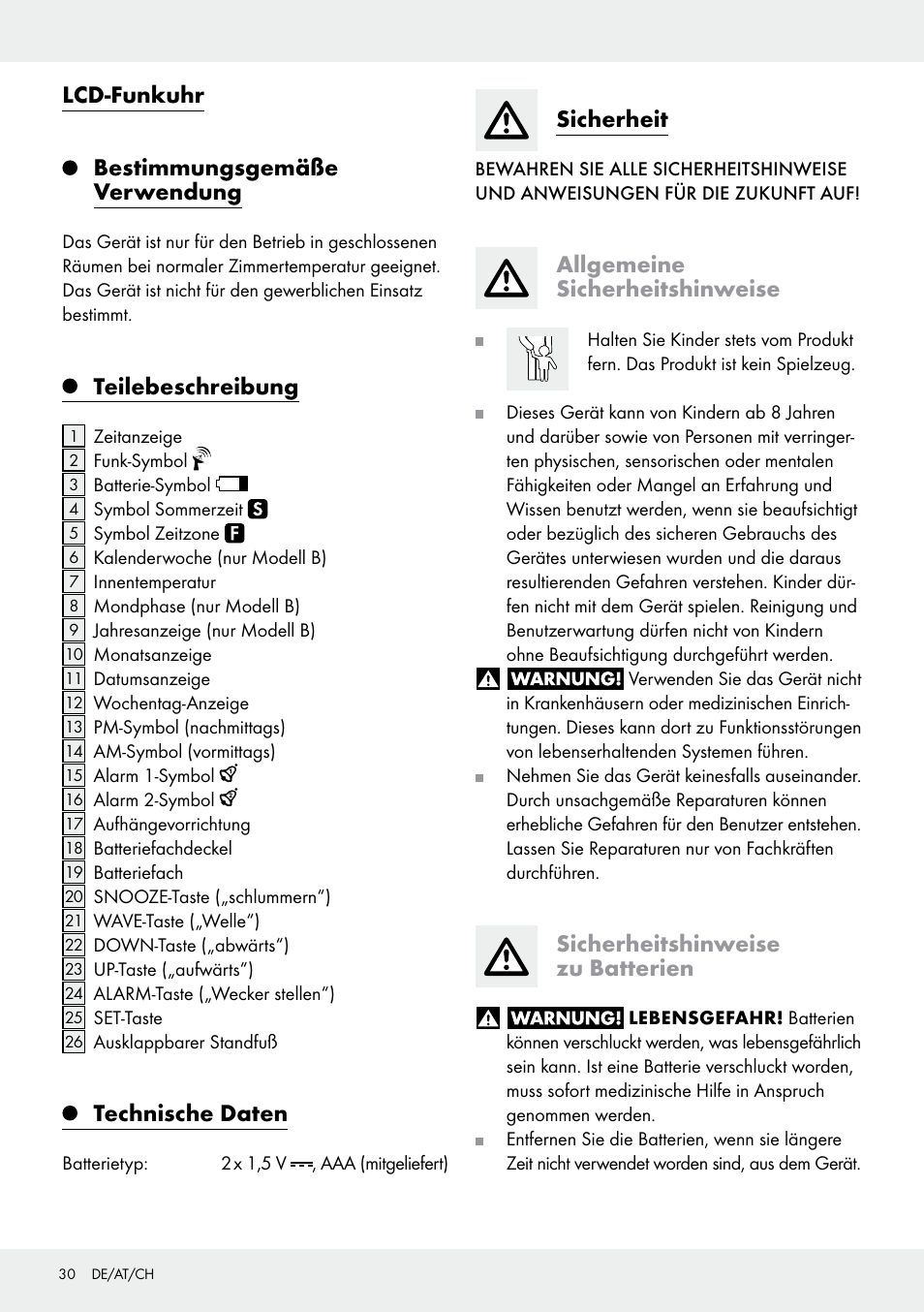 Lcd-funkuhr bestimmungsgemäße verwendung, Teilebeschreibung, Technische daten | Sicherheit, Allgemeine sicherheitshinweise, Sicherheitshinweise zu batterien | Auriol Z30237B_C User Manual | Page 30 / 35