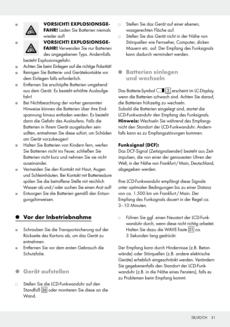 Vor der inbetriebnahme, Gerät aufstellen, Batterien einlegen und wechseln | Auriol Z30237B_C User Manual | Page 31 / 35