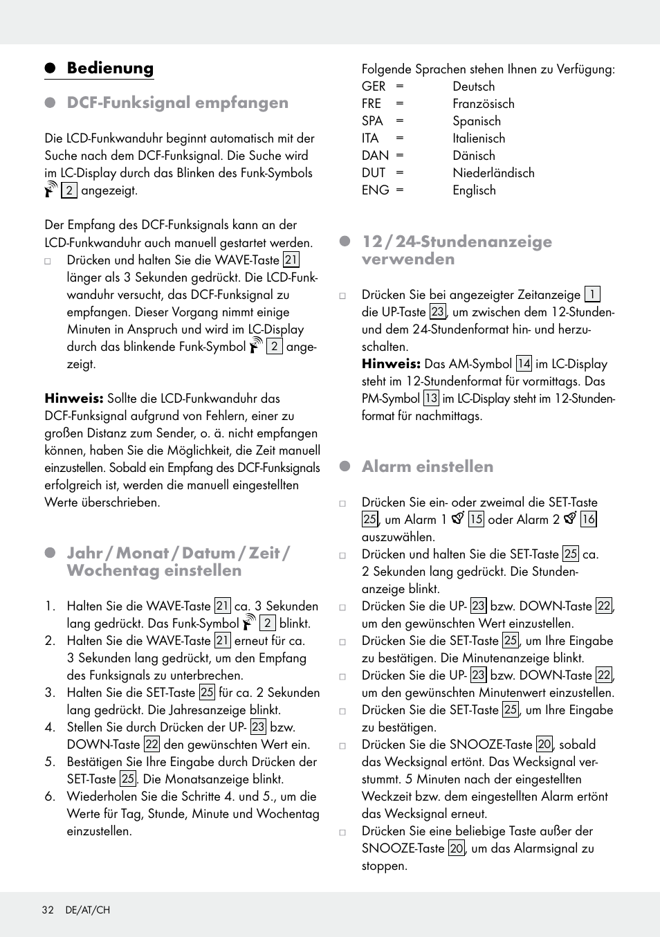 Bedienung dcf-funksignal empfangen, Jahr / monat / datum / zeit / wochentag einstellen, 12 / 24-stundenanzeige verwenden | Alarm einstellen | Auriol Z30237B_C User Manual | Page 32 / 35