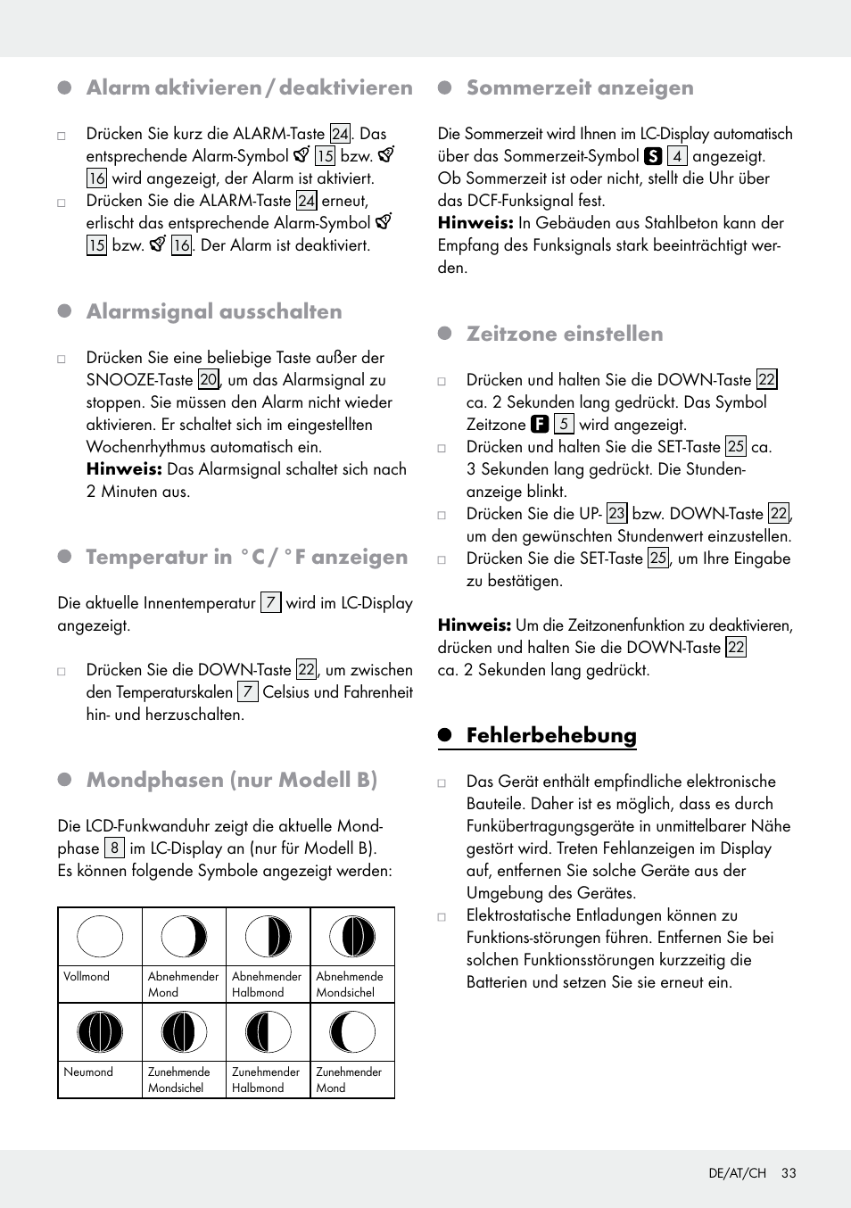 Alarm aktivieren / deaktivieren, Alarmsignal ausschalten, Temperatur in °c / °f anzeigen | Mondphasen (nur modell b), Sommerzeit anzeigen, Zeitzone einstellen, Fehlerbehebung | Auriol Z30237B_C User Manual | Page 33 / 35