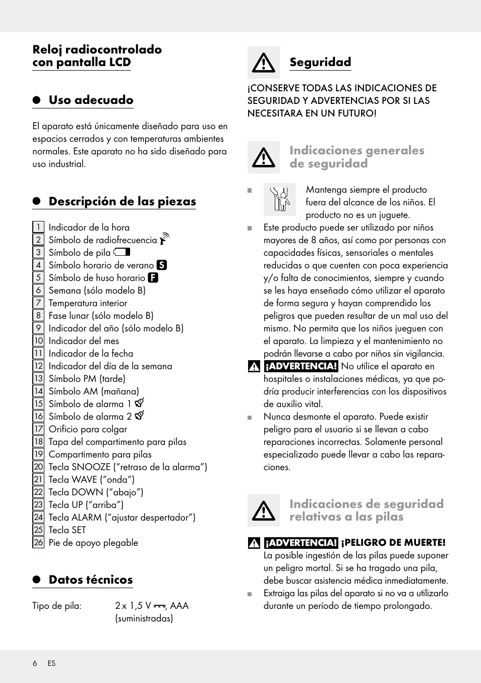 Descripción de las piezas, Datos técnicos, Seguridad | Indicaciones generales de seguridad, Indicaciones de seguridad relativas a las pilas | Auriol Z30237B_C User Manual | Page 6 / 35