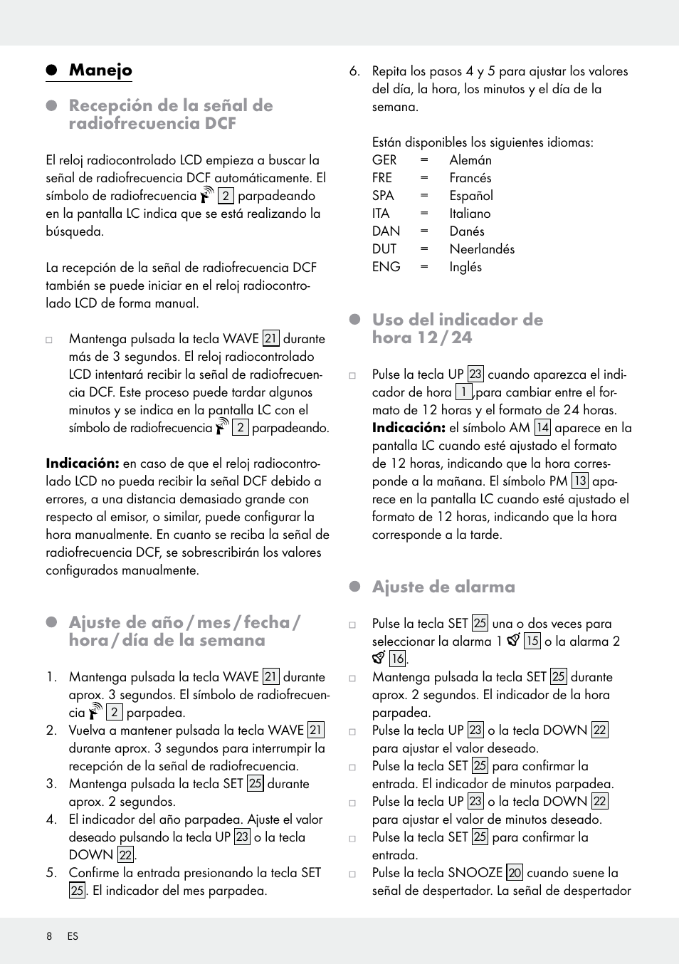 Uso del indicador de hora 12 / 24, Ajuste de alarma | Auriol Z30237B_C User Manual | Page 8 / 35