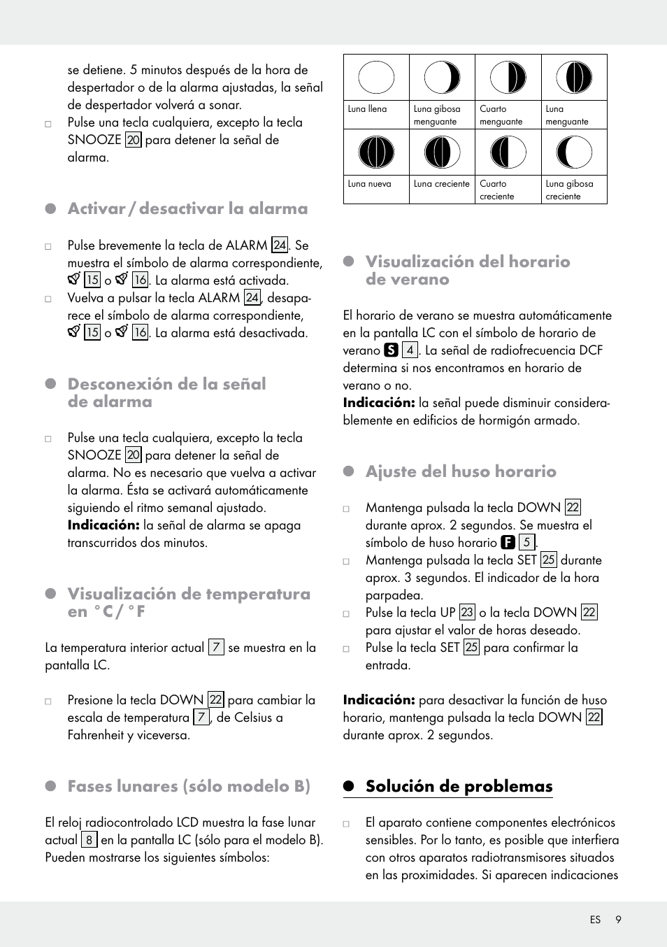 Activar / desactivar la alarma, Desconexión de la señal de alarma, Visualización de temperatura en °c / °f | Fases lunares (sólo modelo b), Visualización del horario de verano, Ajuste del huso horario, Solución de problemas | Auriol Z30237B_C User Manual | Page 9 / 35