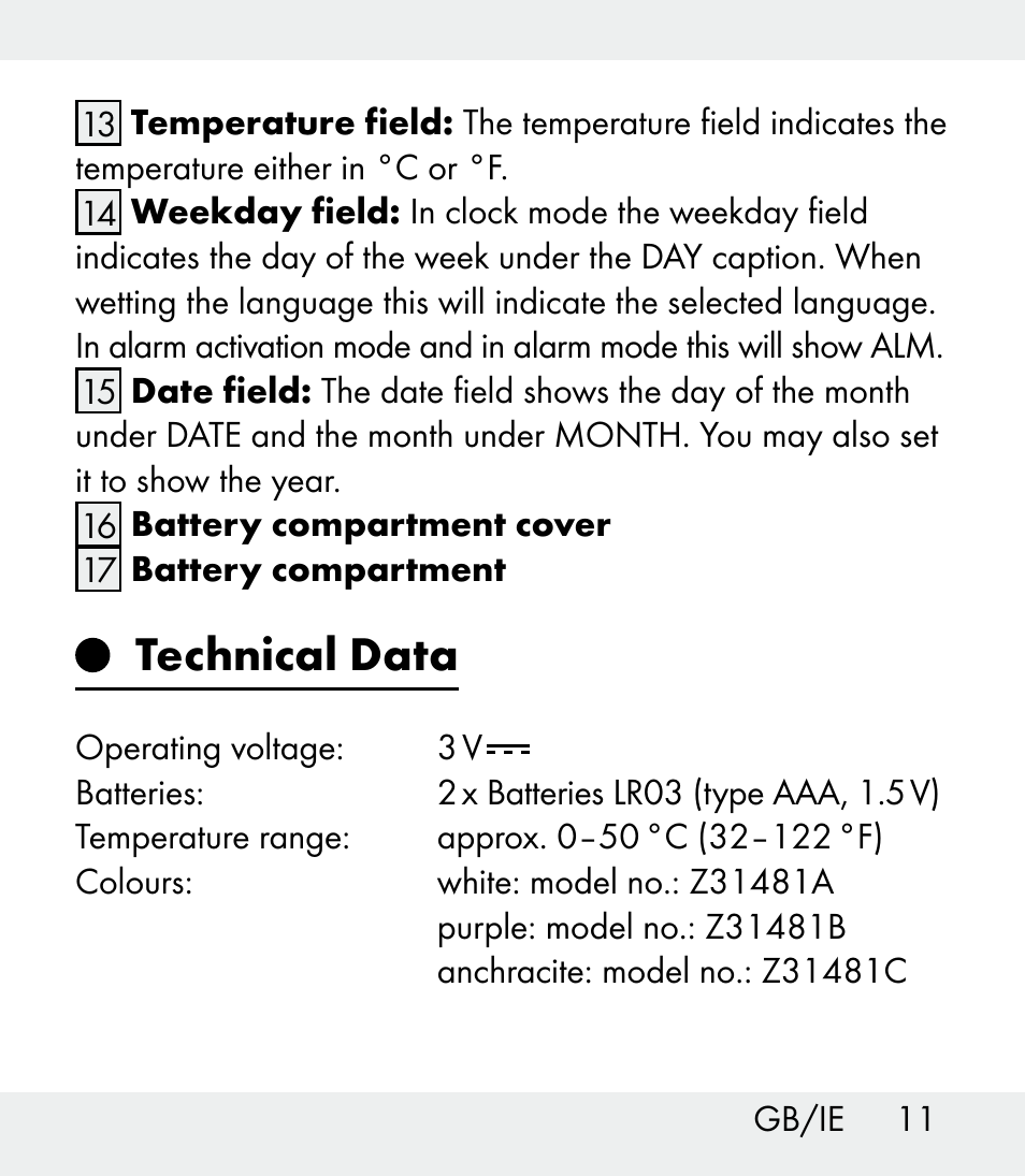 Technical data | Auriol Z31481A_B_C User Manual | Page 11 / 68