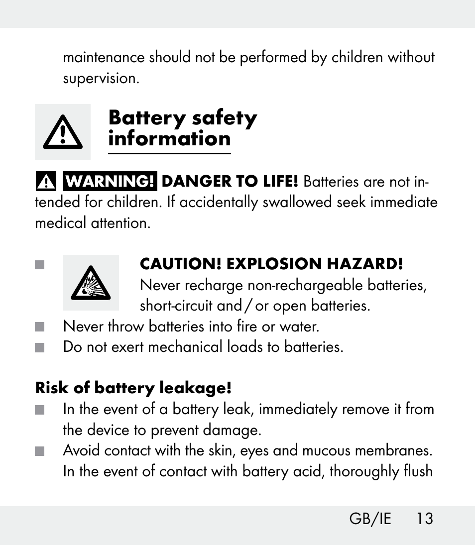 Battery safety information | Auriol Z31481A_B_C User Manual | Page 13 / 68