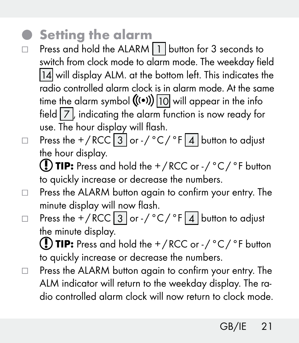 Setting the alarm | Auriol Z31481A_B_C User Manual | Page 21 / 68