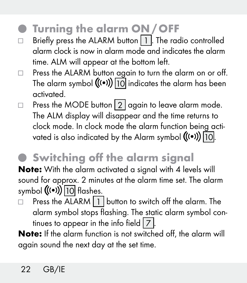 Turning the alarm on / off, Switching off the alarm signal | Auriol Z31481A_B_C User Manual | Page 22 / 68