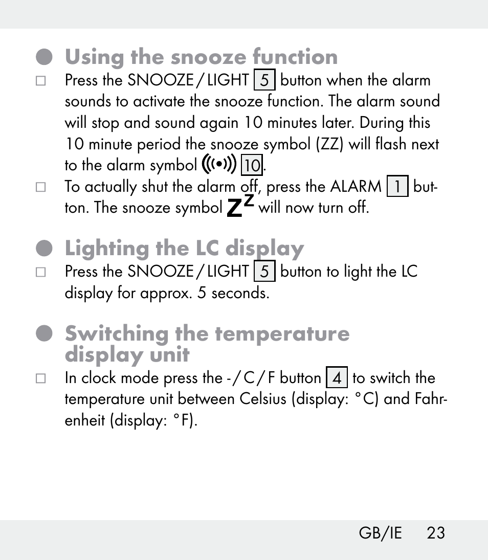 Using the snooze function, Lighting the lc display, Switching the temperature display unit | Auriol Z31481A_B_C User Manual | Page 23 / 68