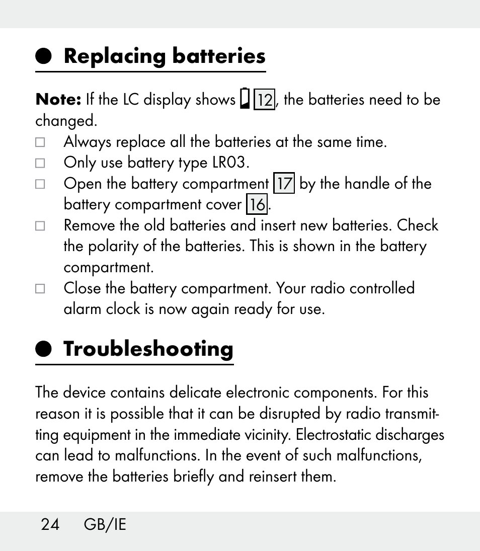 Replacing batteries, Troubleshooting | Auriol Z31481A_B_C User Manual | Page 24 / 68