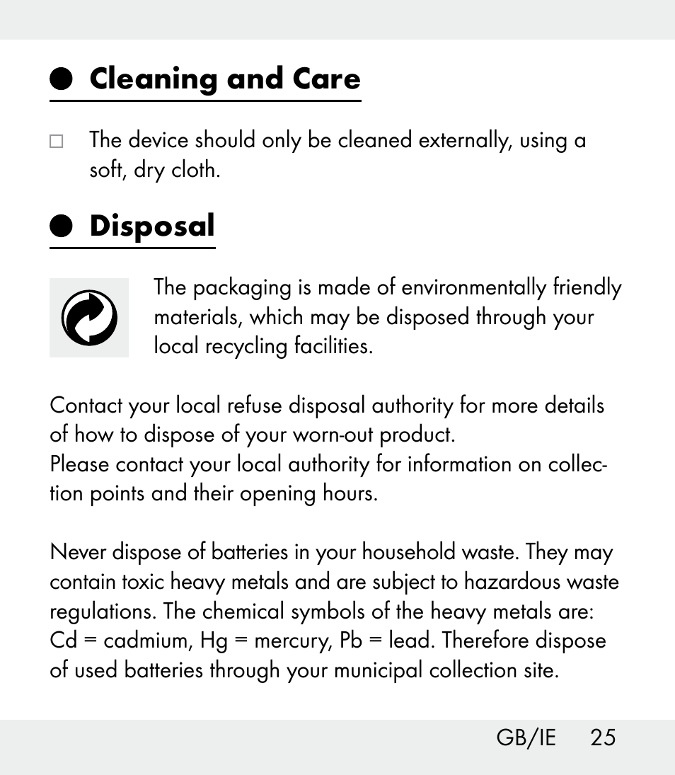 Cleaning and care, Disposal | Auriol Z31481A_B_C User Manual | Page 25 / 68