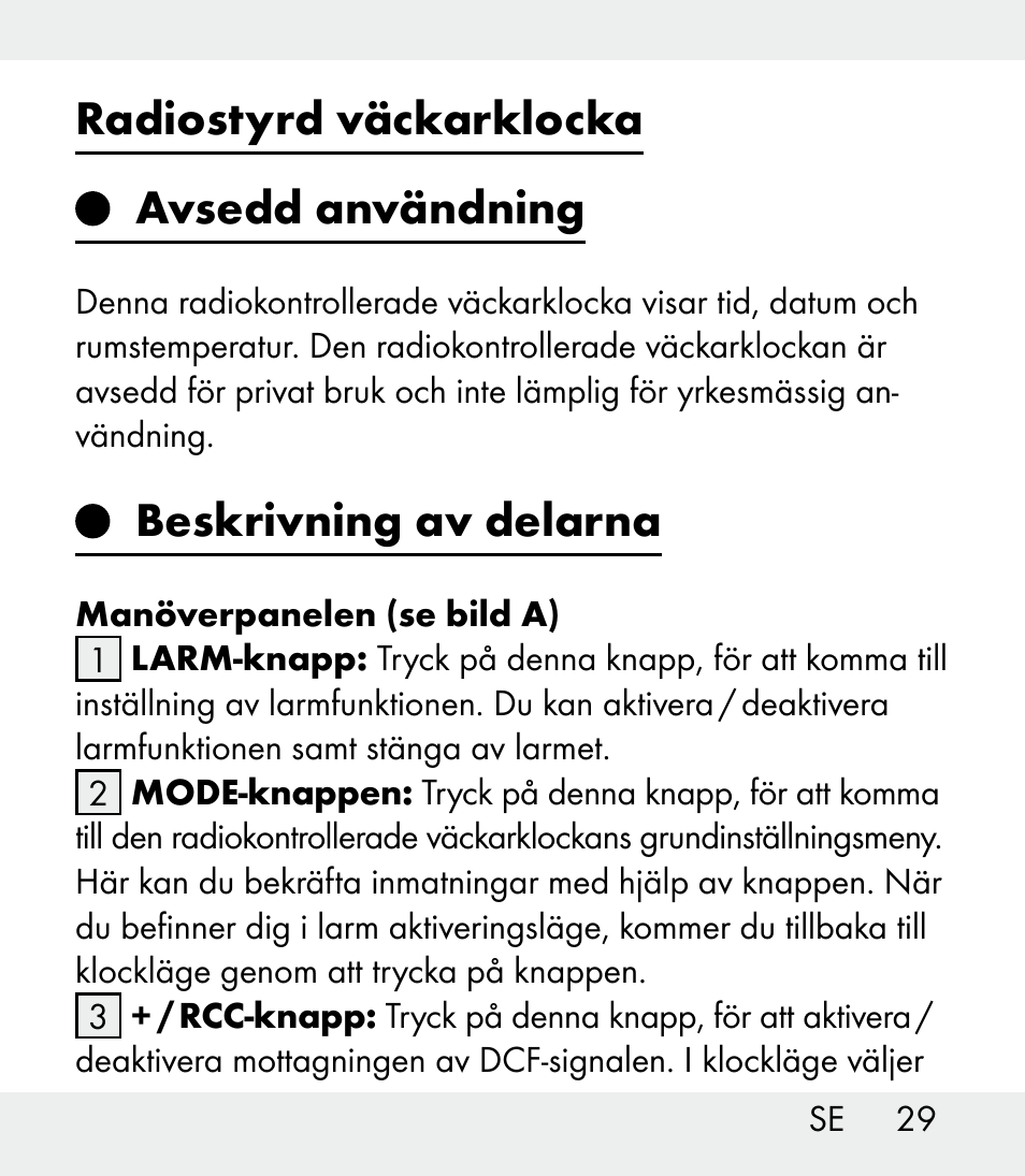 Radiostyrd väckarklocka avsedd användning, Beskrivning av delarna | Auriol Z31481A_B_C User Manual | Page 29 / 68