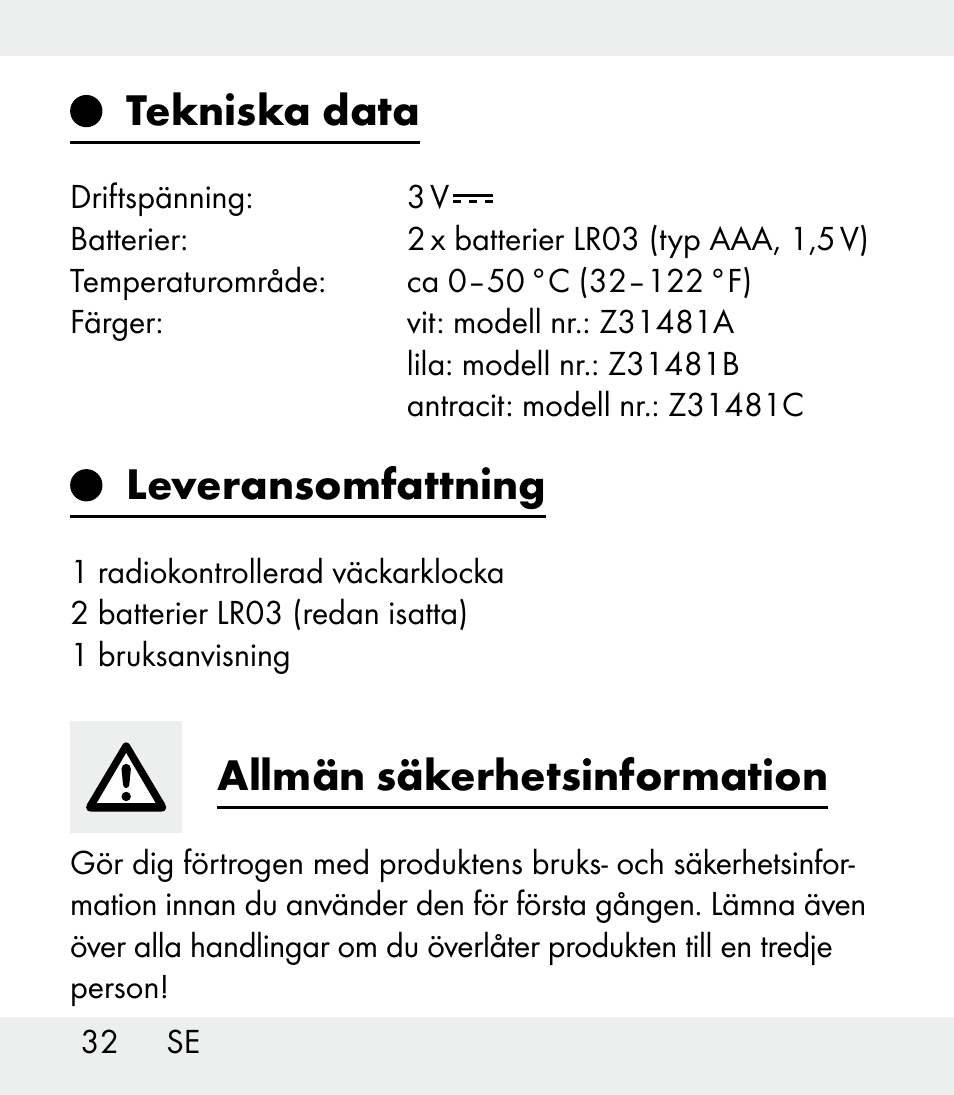 Tekniska data, Leveransomfattning, Allmän säkerhetsinformation | Auriol Z31481A_B_C User Manual | Page 32 / 68