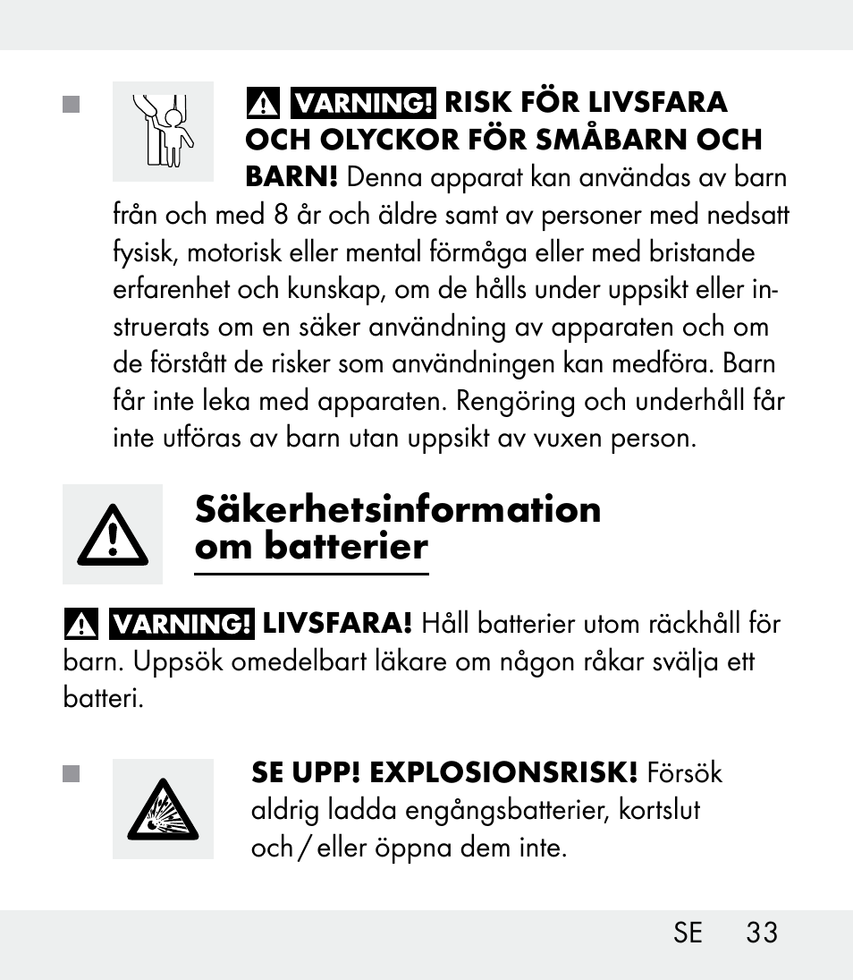 Säkerhetsinformation om batterier | Auriol Z31481A_B_C User Manual | Page 33 / 68