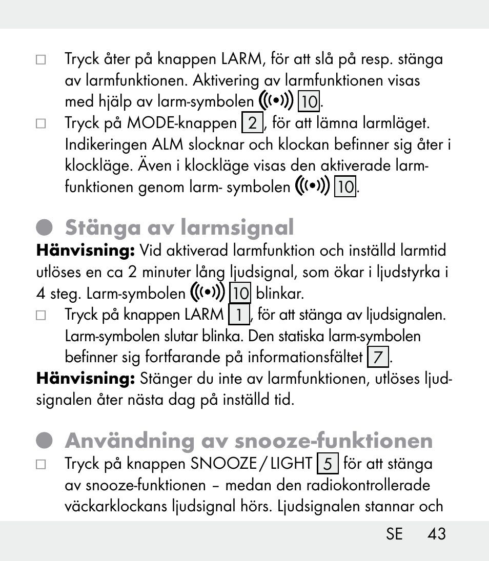 Stänga av larmsignal, Användning av snooze-funktionen | Auriol Z31481A_B_C User Manual | Page 43 / 68