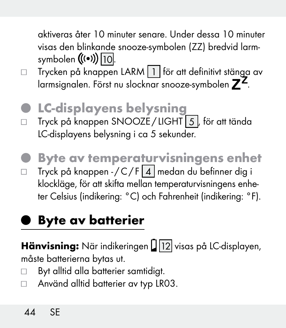 Lc-displayens belysning, Byte av temperaturvisningens enhet, Byte av batterier | Auriol Z31481A_B_C User Manual | Page 44 / 68