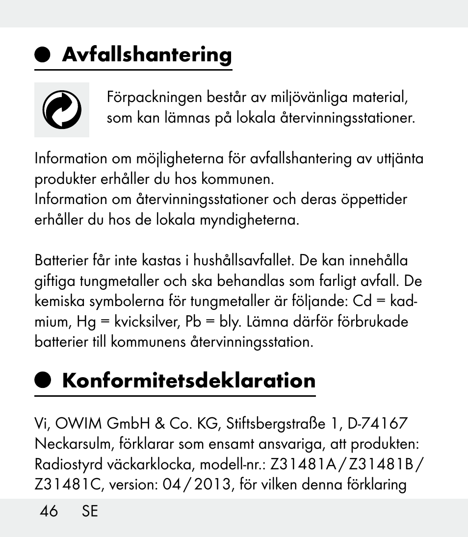 Avfallshantering, Konformitetsdeklaration | Auriol Z31481A_B_C User Manual | Page 46 / 68