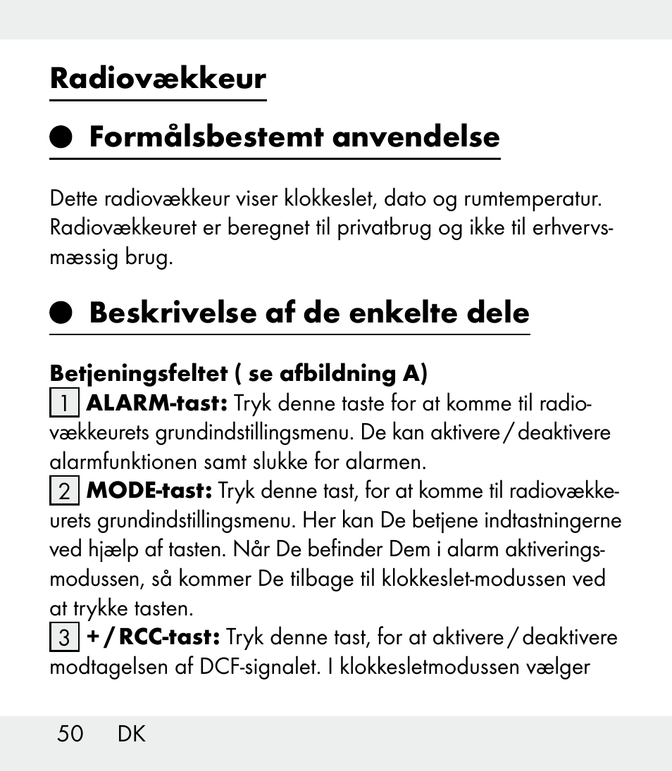 Radiovækkeur formålsbestemt anvendelse, Beskrivelse af de enkelte dele | Auriol Z31481A_B_C User Manual | Page 50 / 68