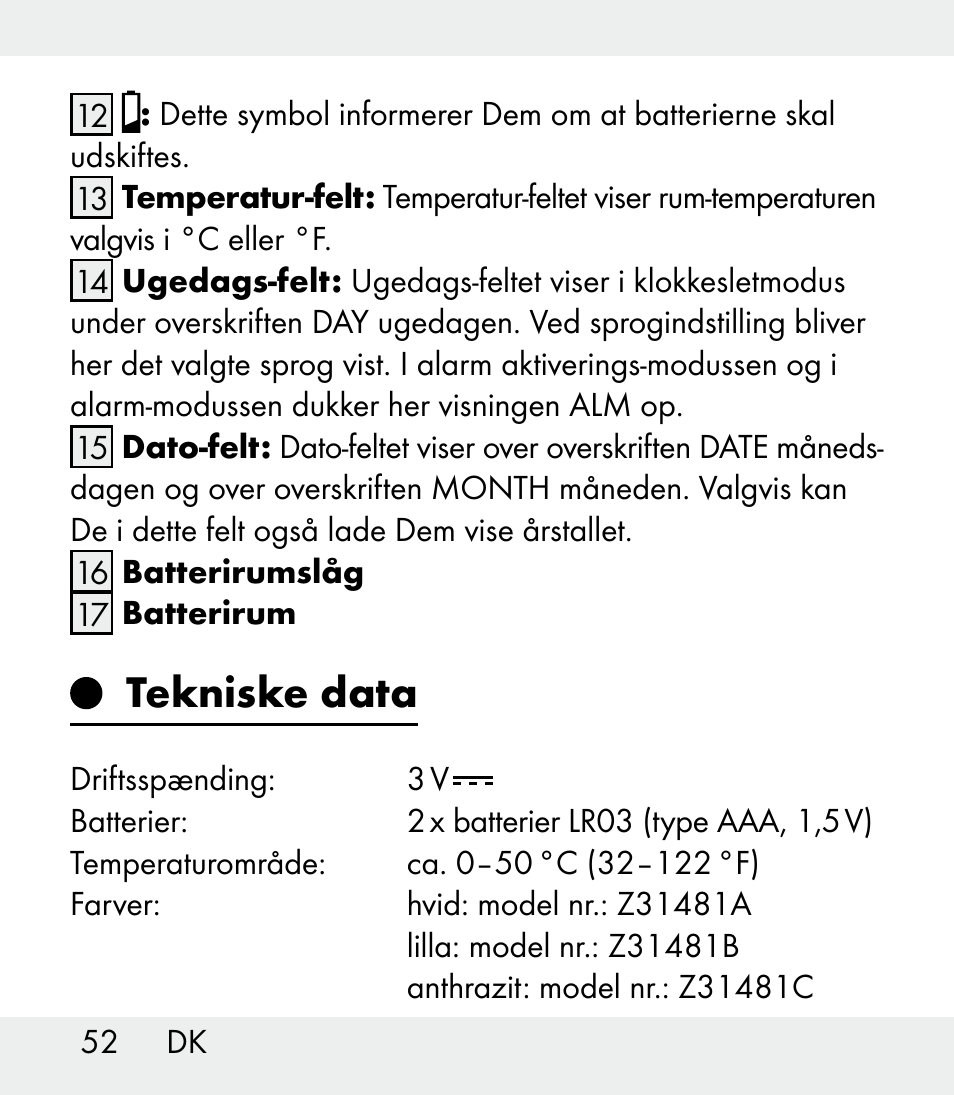 Tekniske data | Auriol Z31481A_B_C User Manual | Page 52 / 68