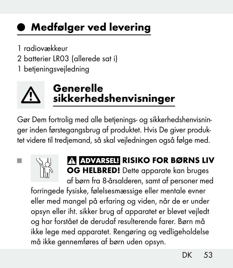 Medfølger ved levering, Generelle sikkerhedshenvisninger | Auriol Z31481A_B_C User Manual | Page 53 / 68