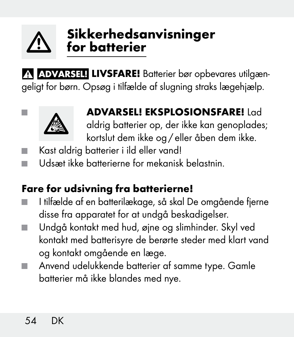 Sikkerhedsanvisninger for batterier | Auriol Z31481A_B_C User Manual | Page 54 / 68