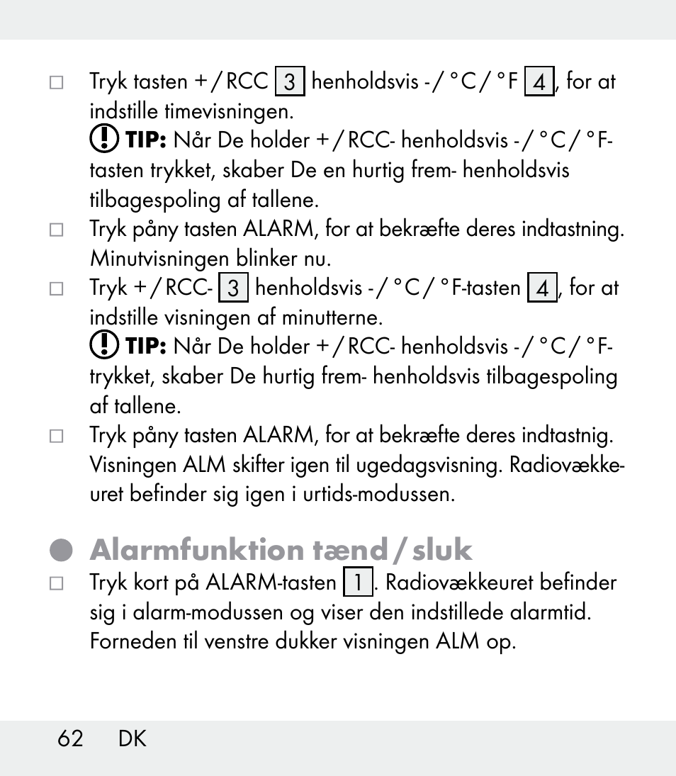 Alarmfunktion tænd / sluk | Auriol Z31481A_B_C User Manual | Page 62 / 68