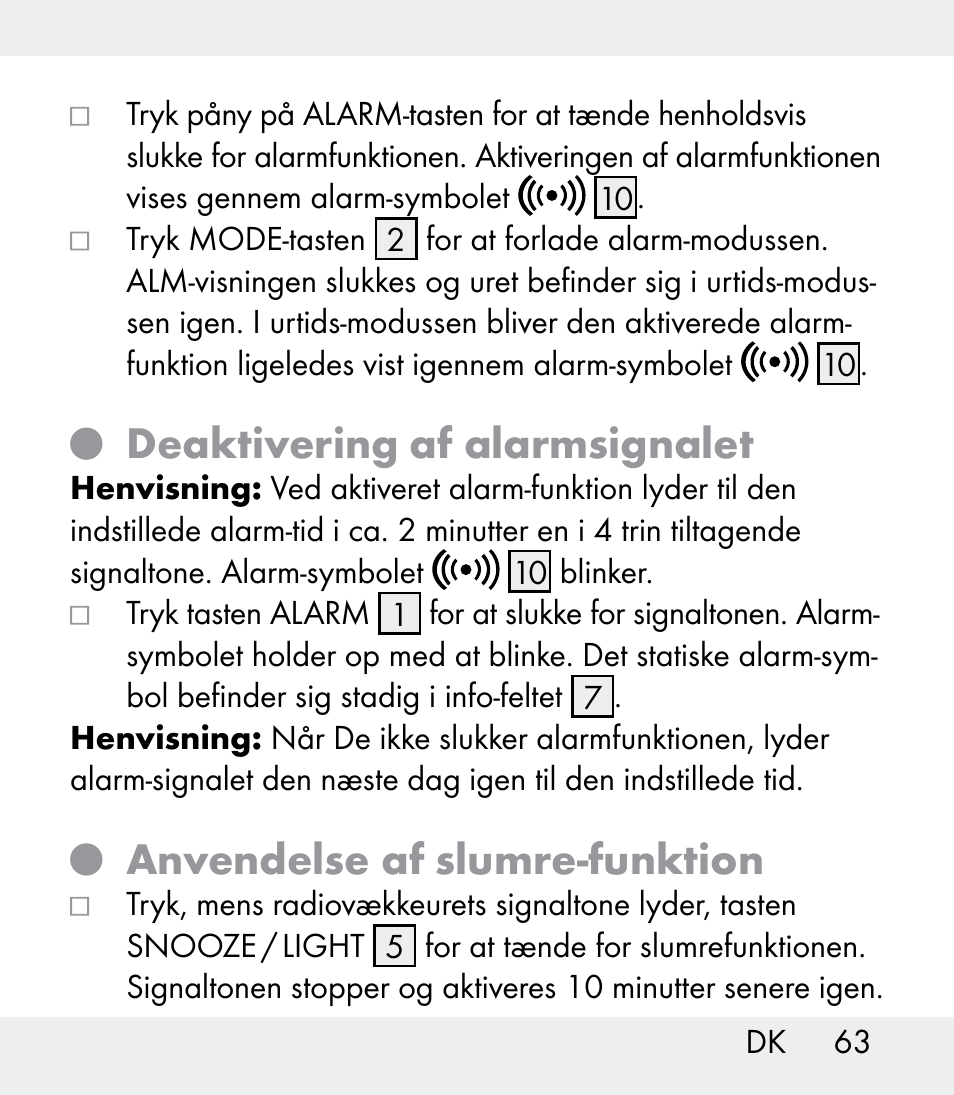 Deaktivering af alarmsignalet, Anvendelse af slumre-funktion | Auriol Z31481A_B_C User Manual | Page 63 / 68