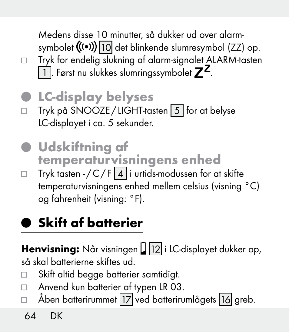 Lc-display belyses, Udskiftning af temperaturvisningens enhed, Skift af batterier | Auriol Z31481A_B_C User Manual | Page 64 / 68