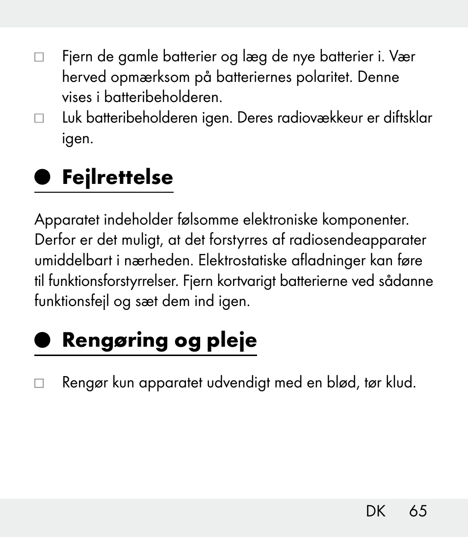 Fejlrettelse, Rengøring og pleje | Auriol Z31481A_B_C User Manual | Page 65 / 68