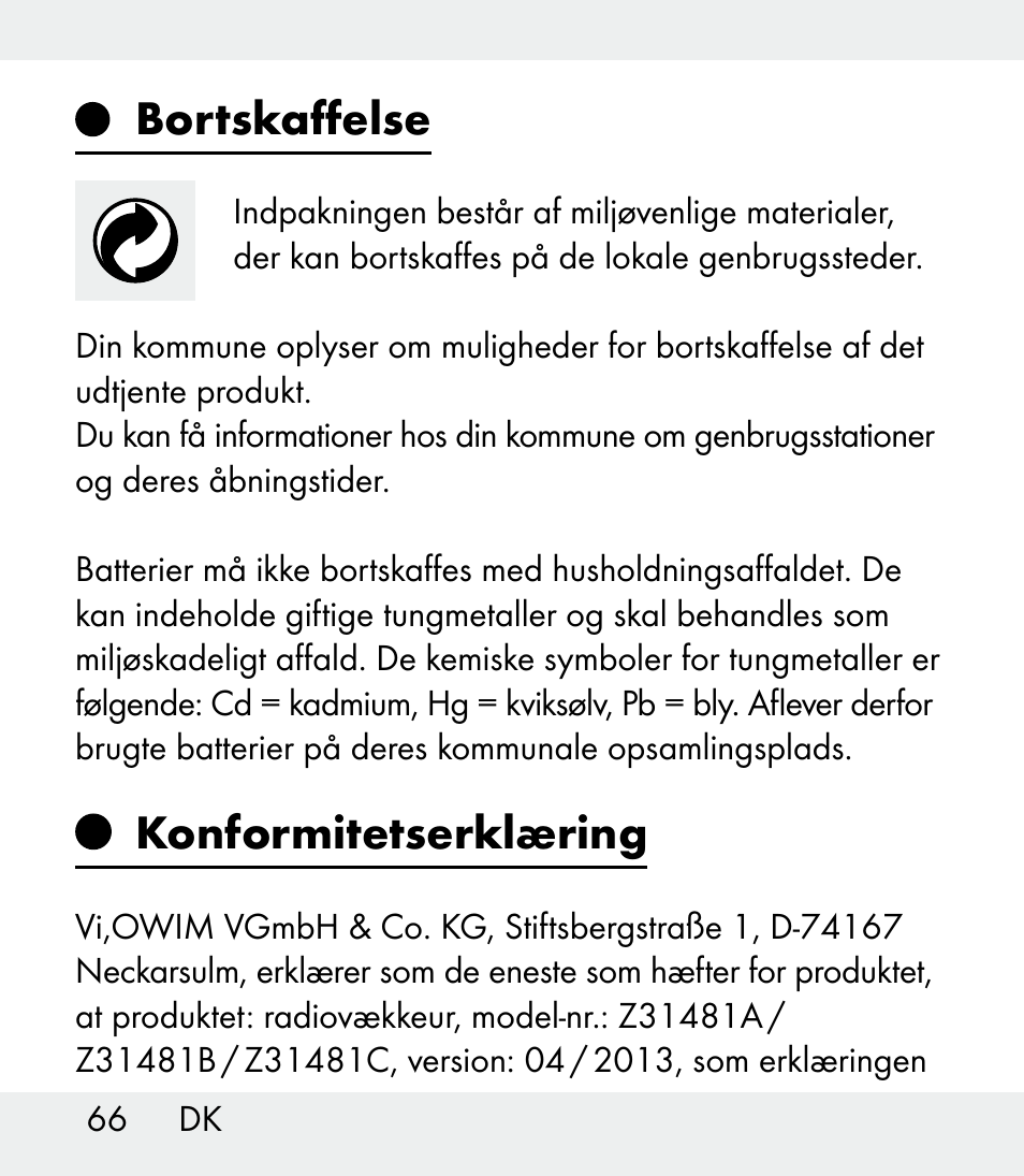 Bortskaffelse, Konformitetserklæring | Auriol Z31481A_B_C User Manual | Page 66 / 68