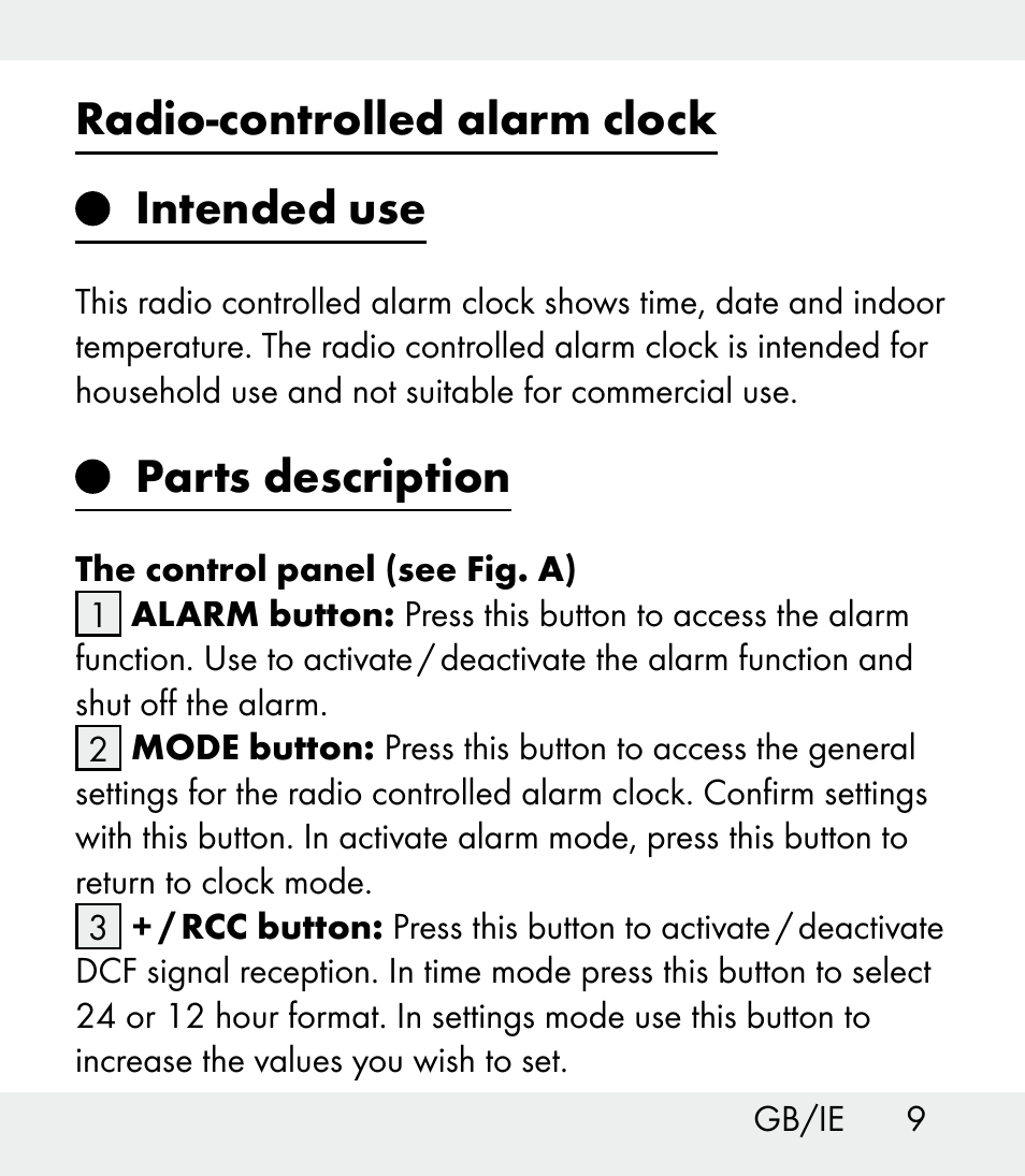 Radio-controlled alarm clock intended use, Parts description | Auriol Z31481A_B_C User Manual | Page 9 / 68