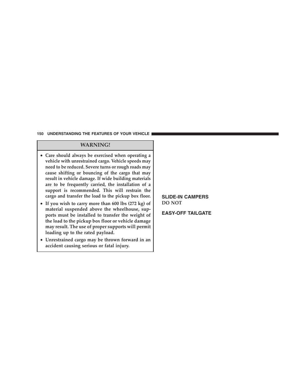 Slide-in campers, Easy-off tailgate | Dodge 2006 DR Ram SRT-10 User Manual | Page 150 / 384
