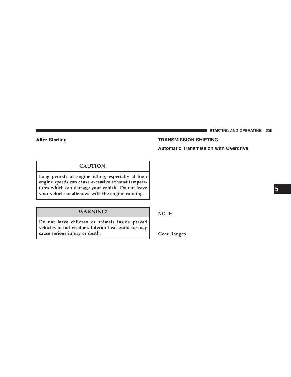 After starting, Transmission shifting, Automatic transmission with overdrive | Dodge 2006 DR Ram SRT-10 User Manual | Page 205 / 384