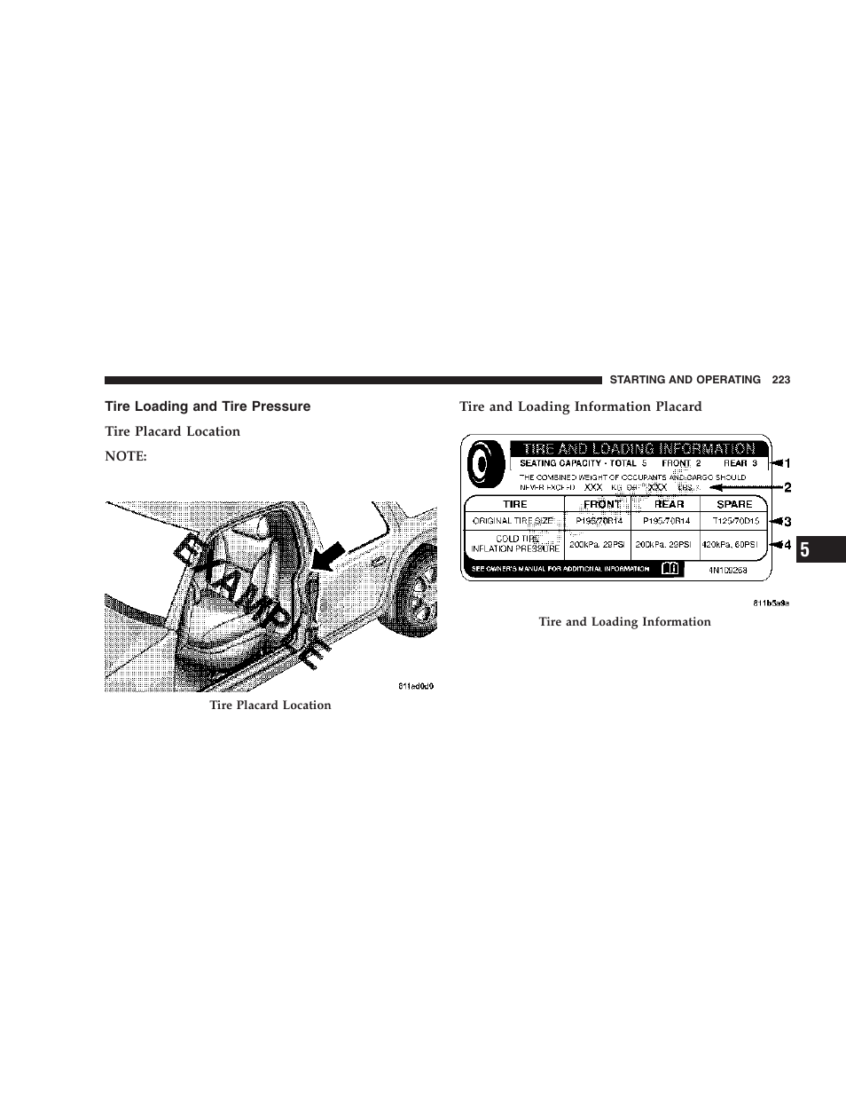 Tire loading and tire pressure | Dodge 2006 DR Ram SRT-10 User Manual | Page 223 / 384