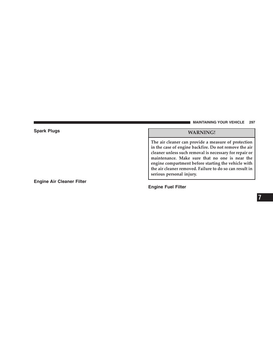 Spark plugs, Engine air cleaner filter, Engine fuel filter | Dodge 2006 DR Ram SRT-10 User Manual | Page 297 / 384