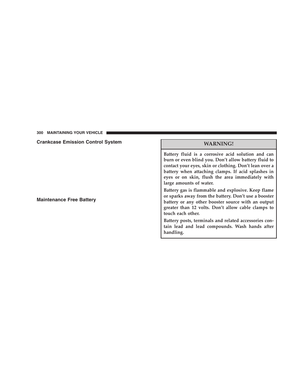 Crankcase emission control system, Maintenance free battery | Dodge 2006 DR Ram SRT-10 User Manual | Page 300 / 384