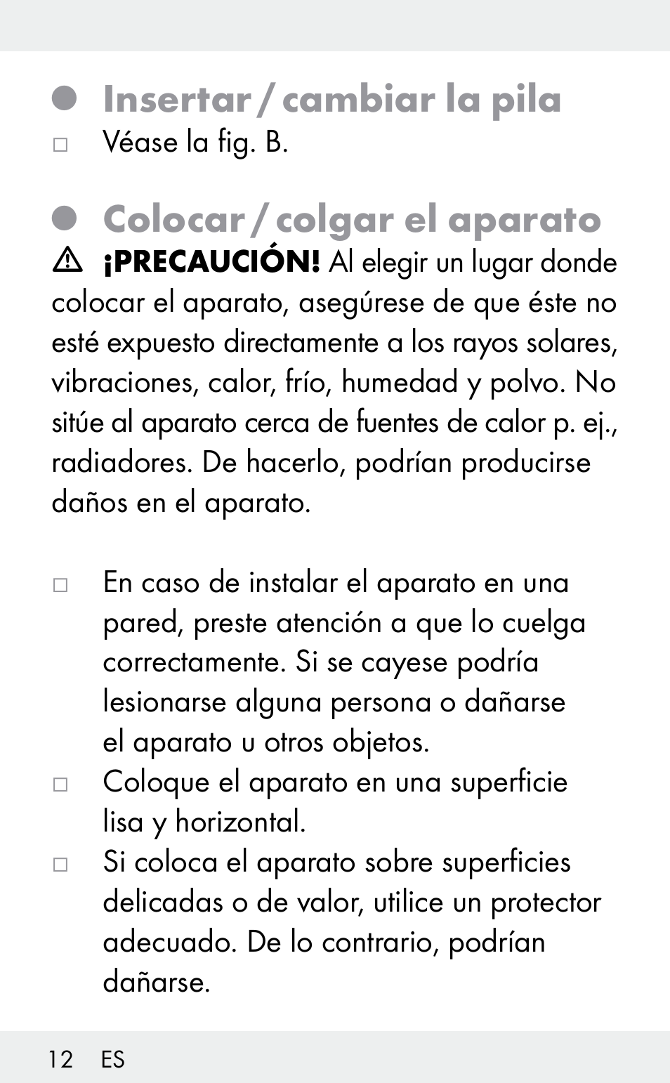 Insertar / cambiar la pila, Colocar / colgar el aparato | Auriol Z31482A_B User Manual | Page 12 / 72