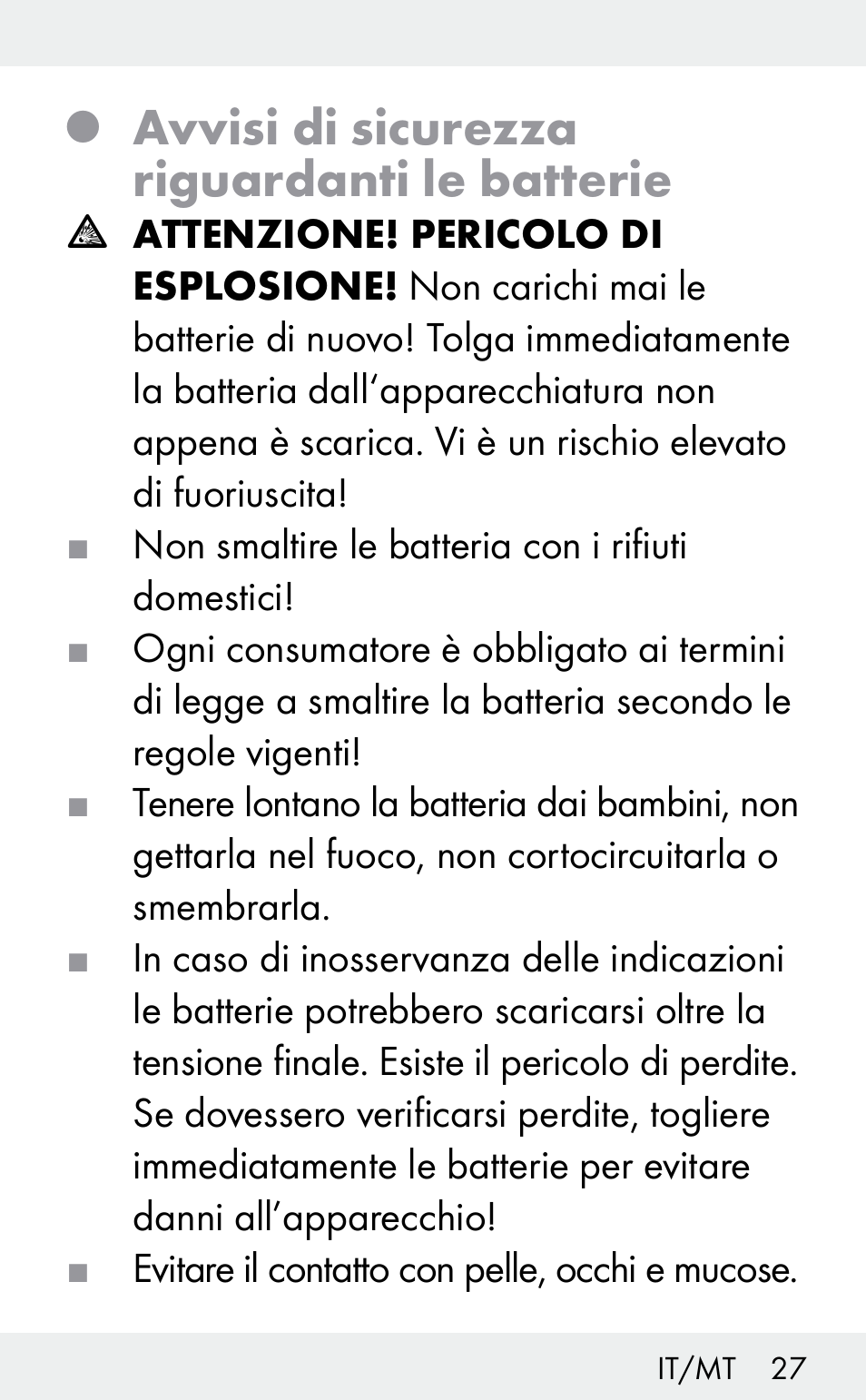 Avvisi di sicurezza riguardanti le batterie | Auriol Z31482A_B User Manual | Page 27 / 72