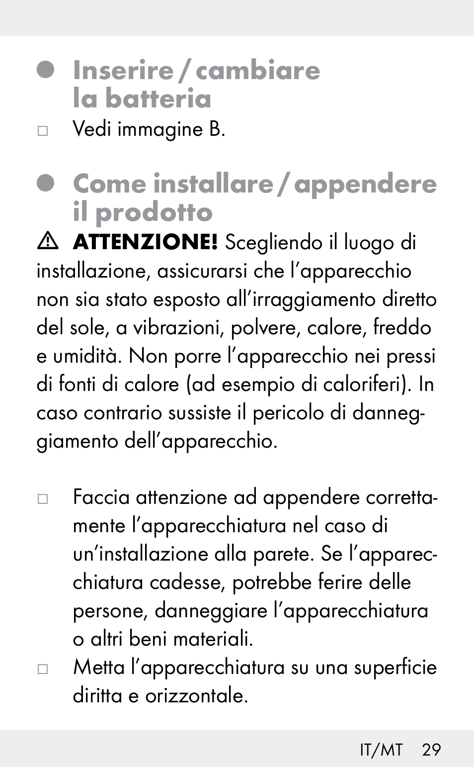 Inserire / cambiare la batteria, Come installare / appendere il prodotto | Auriol Z31482A_B User Manual | Page 29 / 72