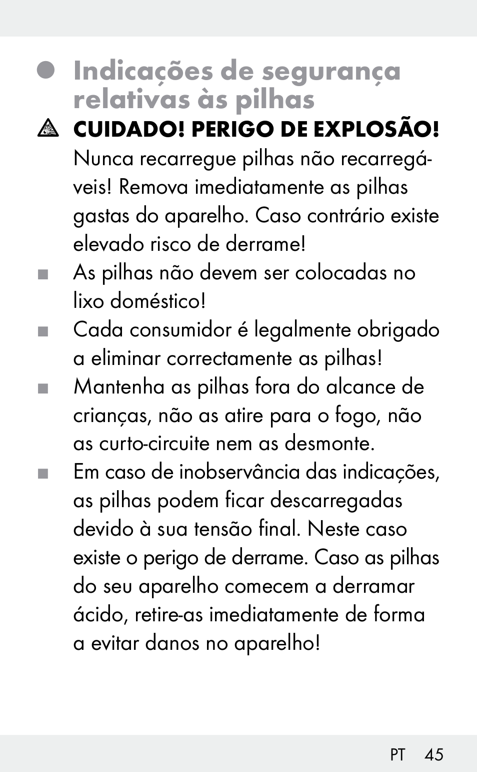 Indicações de segurança relativas às pilhas | Auriol Z31482A_B User Manual | Page 45 / 72