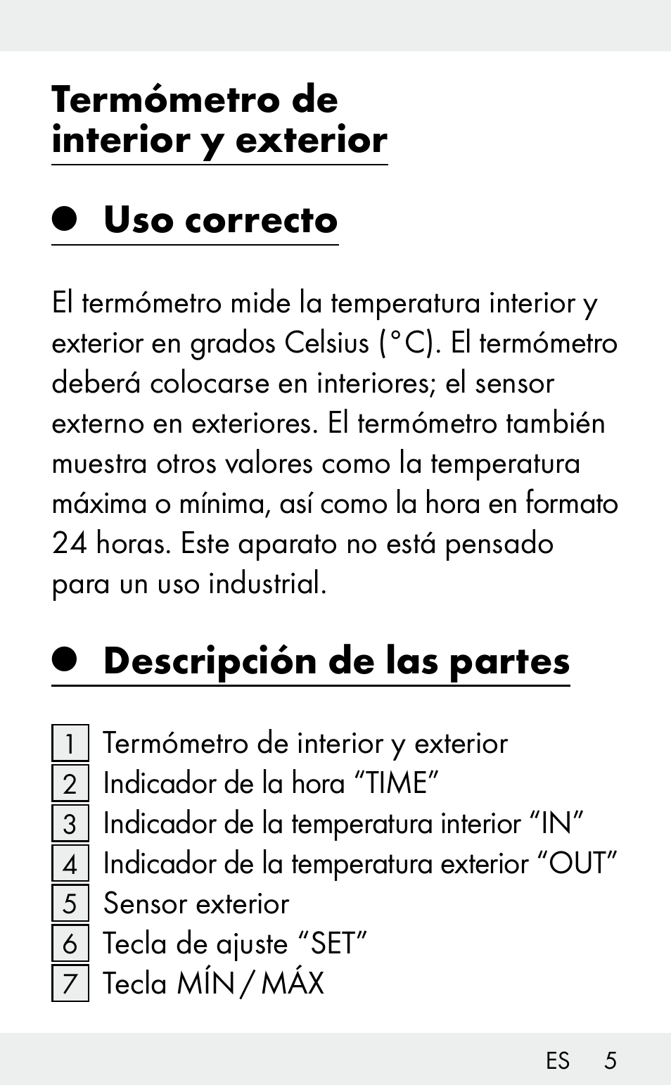 Termómetro de interior y exterior, Uso correcto, Descripción de las partes | Auriol Z31482A_B User Manual | Page 5 / 72