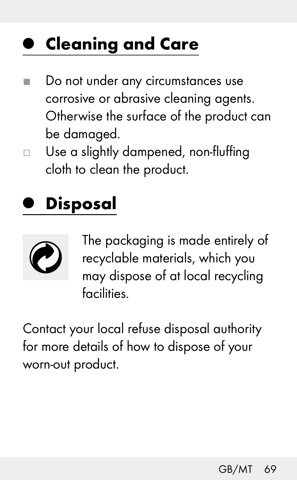 Cleaning and care, Disposal | Auriol Z31482A_B User Manual | Page 69 / 72